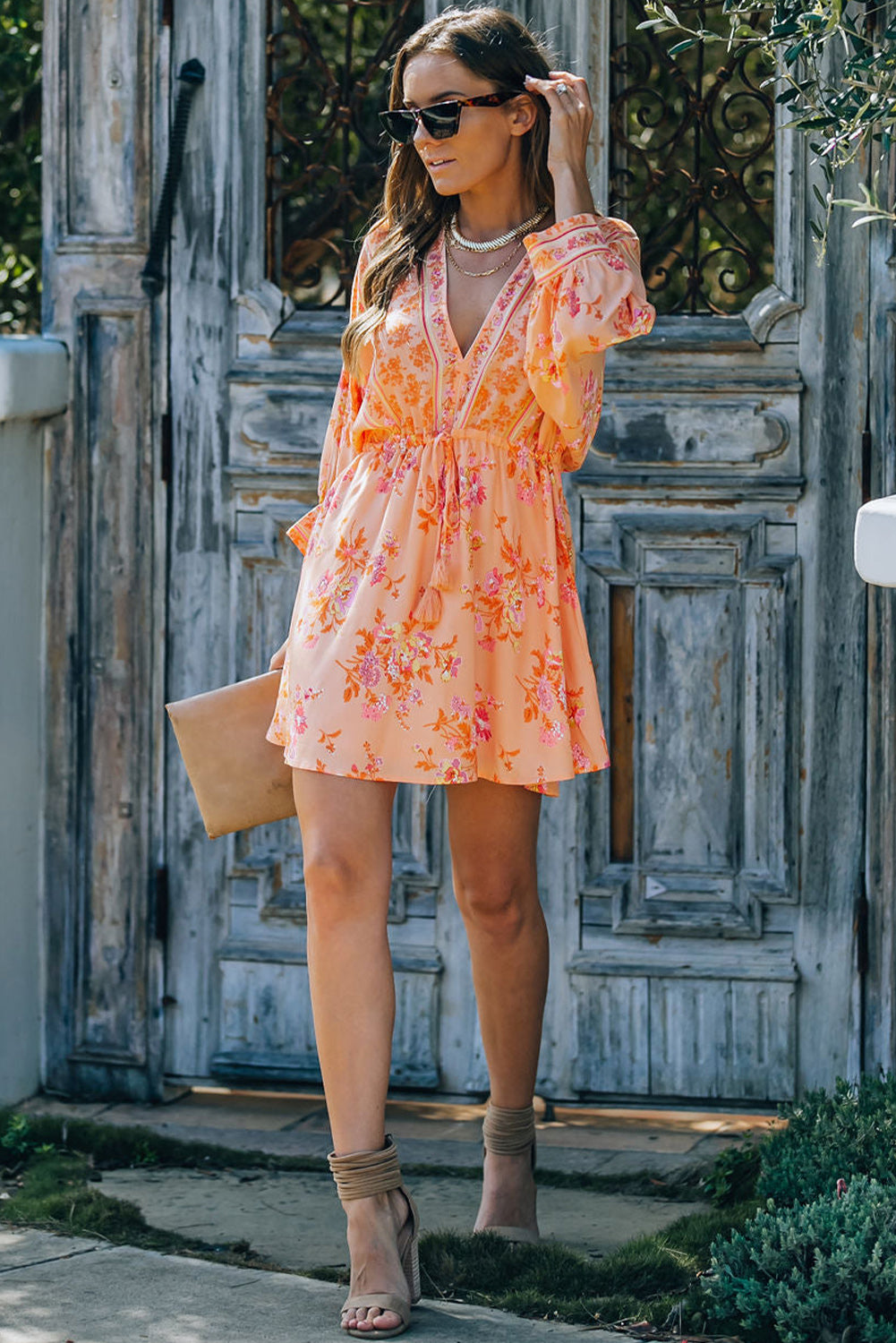 Floral Print Boho Drawstring Kimono Mini Dress