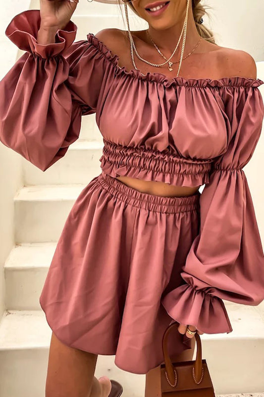 Casual Off The Shoulder Ruched Top and Short Set