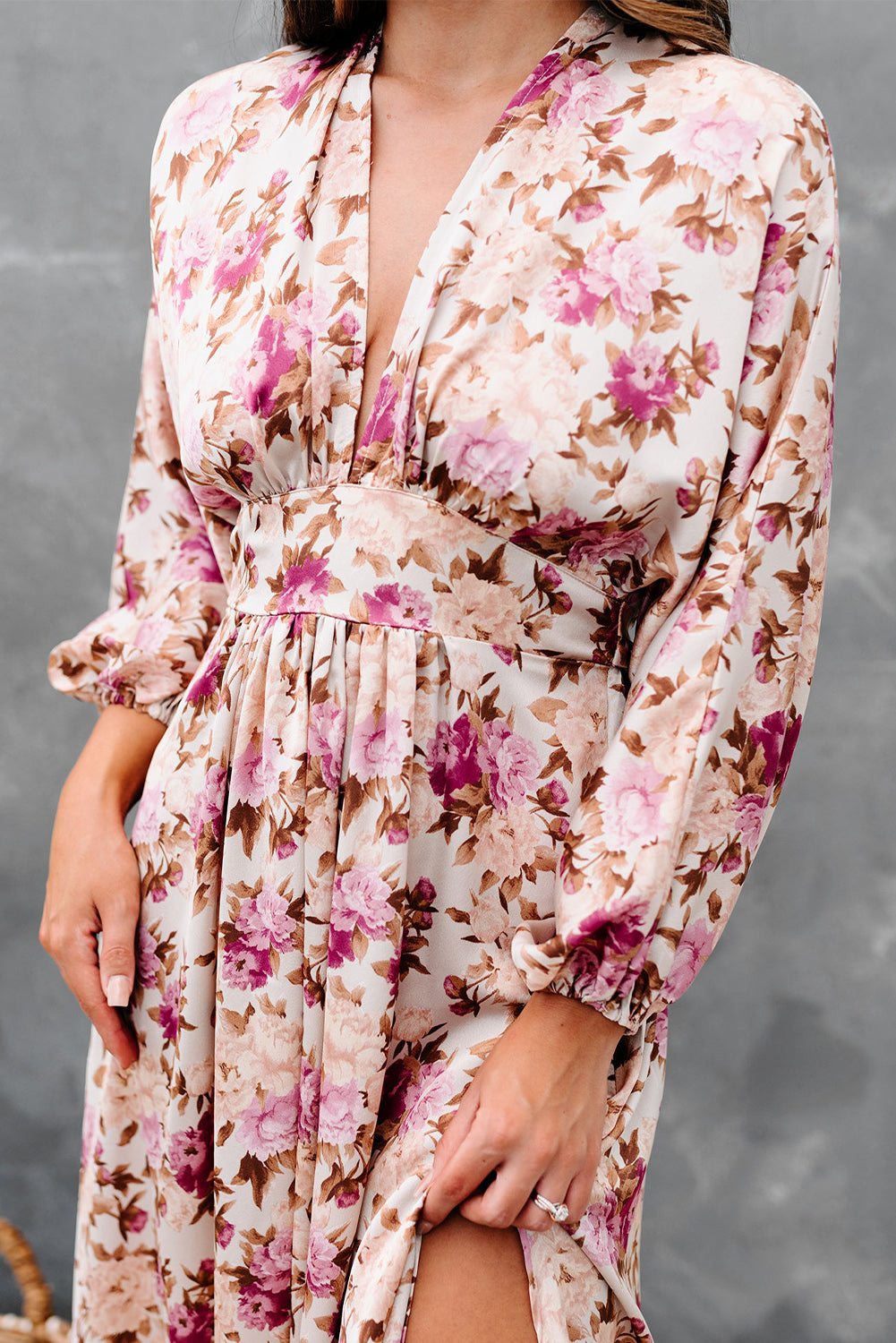 Deep V Neck Ruched High Waist Floral Boho Maxi Dress