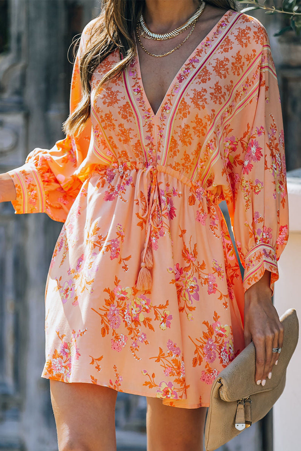 Floral Print Boho Drawstring Kimono Mini Dress