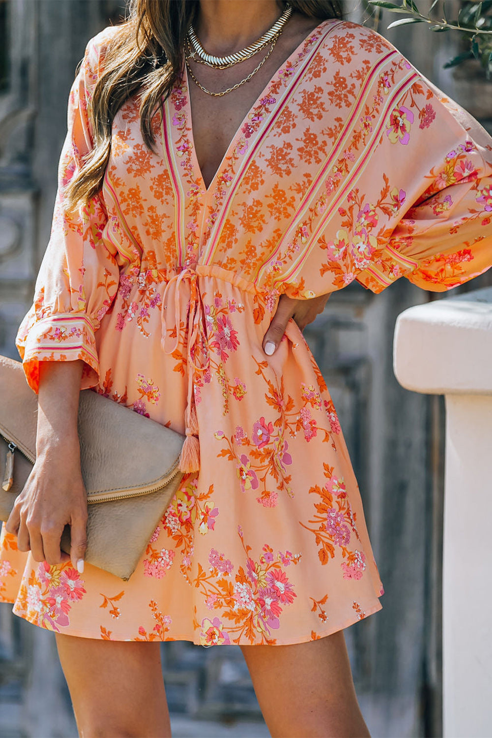 Floral Print Boho Drawstring Kimono Mini Dress