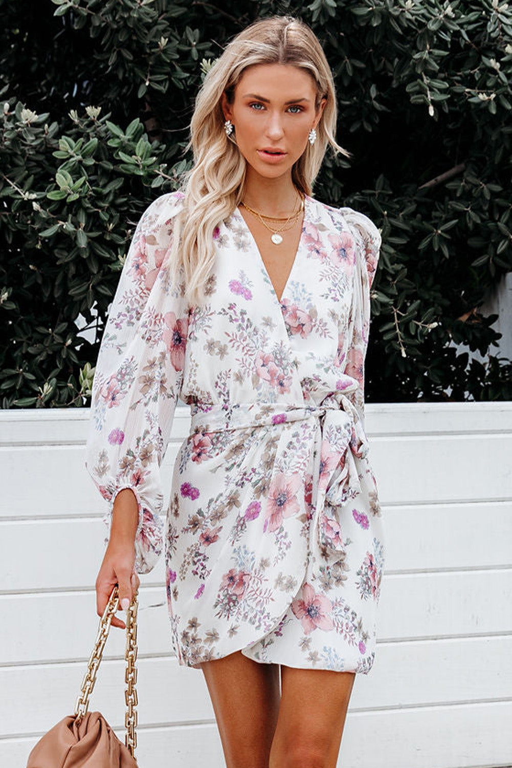 Floral Casual Chiffon Wrap Belted Mini Dress