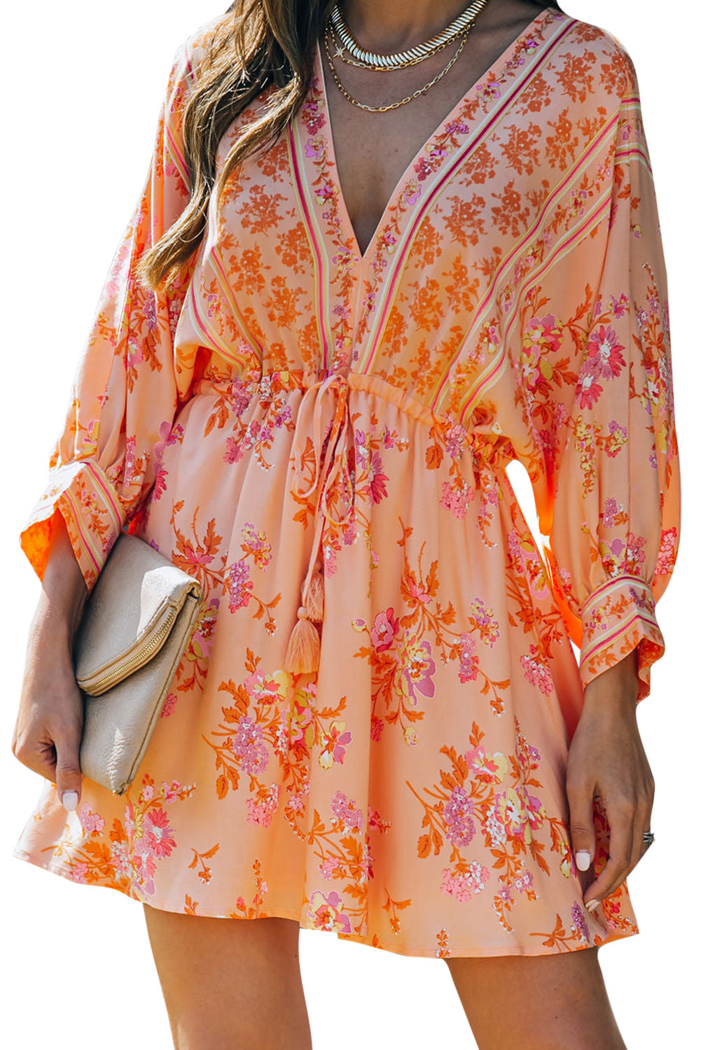 Floral Print Boho Drawstring Kimono Mini Dress