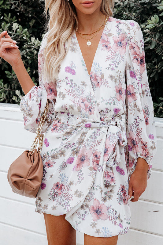 Floral Casual Chiffon Wrap Belted Mini Dress