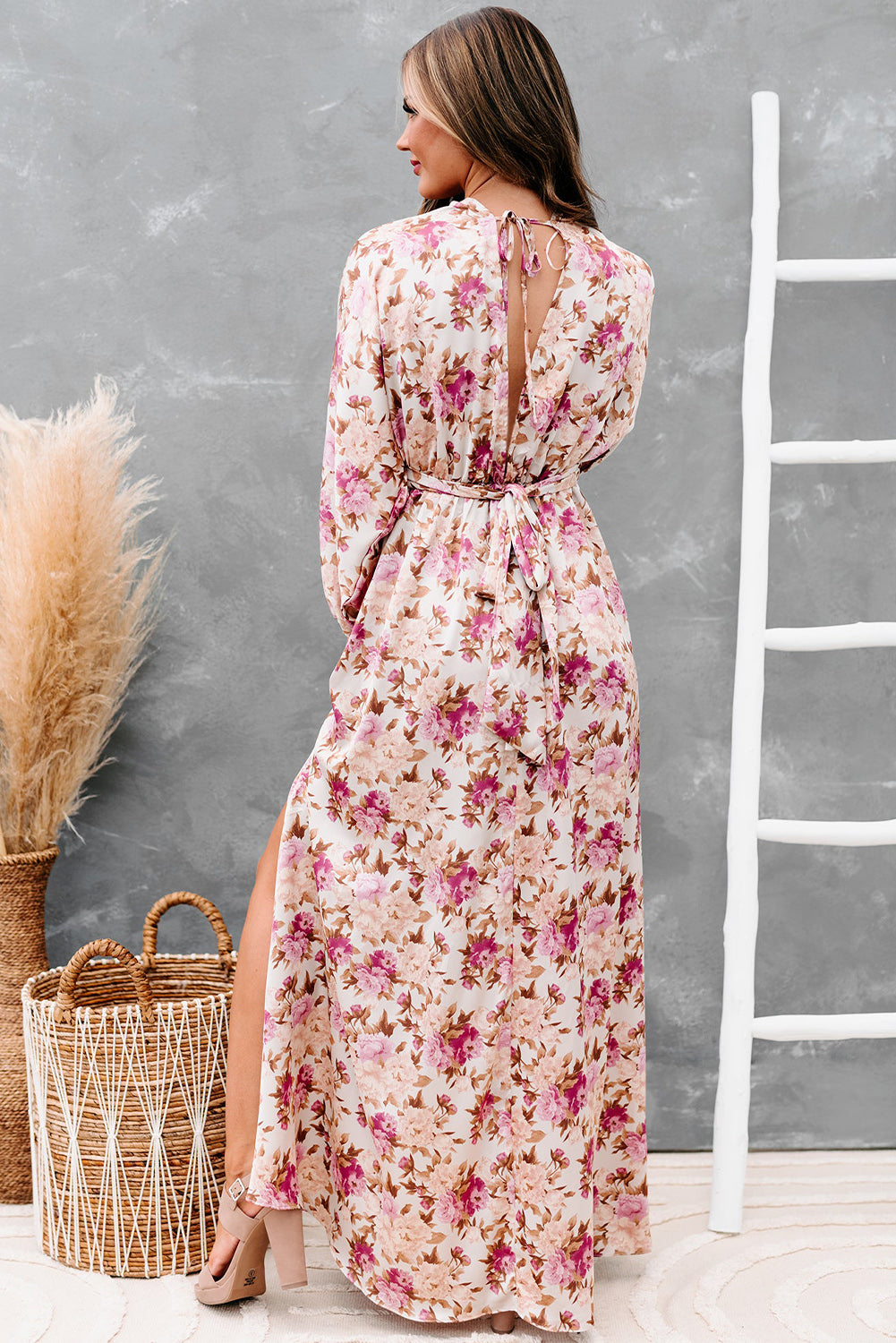 Deep V Neck Ruched High Waist Floral Boho Maxi Dress