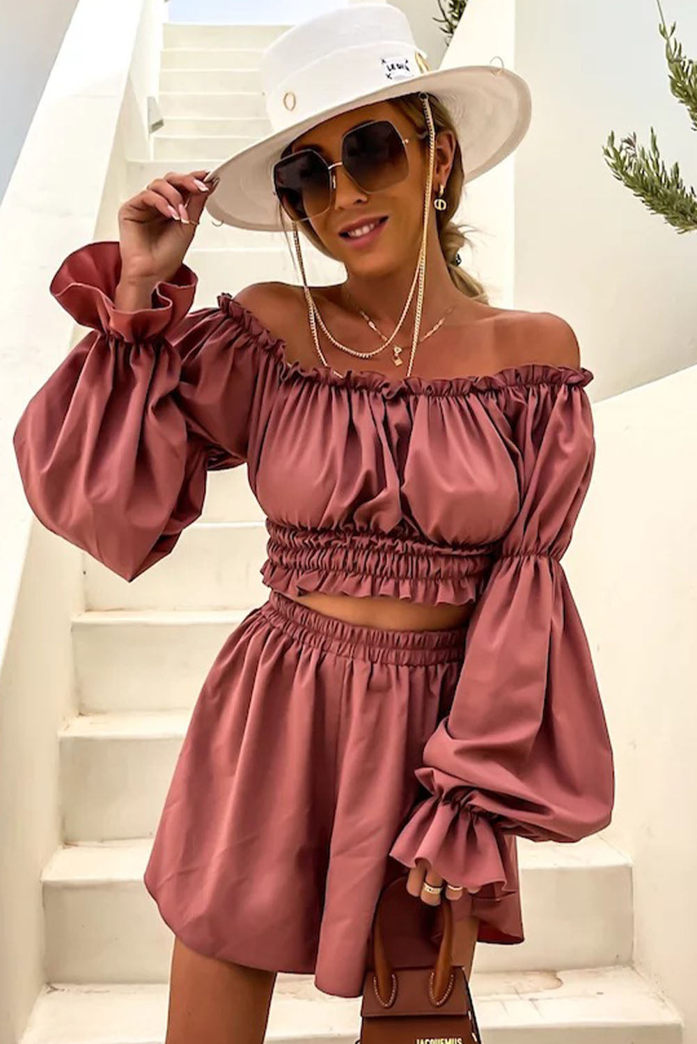 Casual Off The Shoulder Ruched Top and Short Set