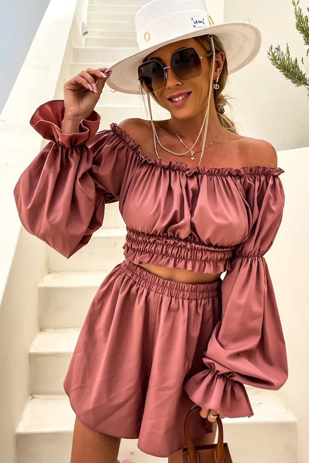 Casual Off The Shoulder Ruched Top and Short Set