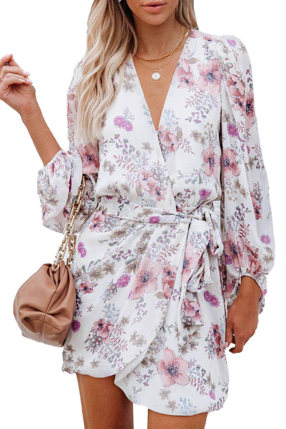 Floral Casual Chiffon Wrap Belted Mini Dress