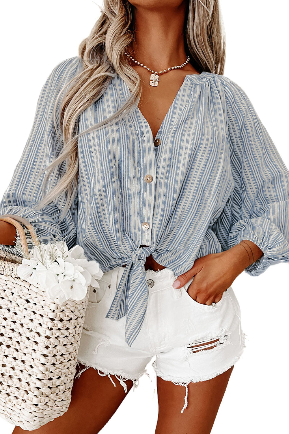 Striped Casual Linen Button Tie Front Top