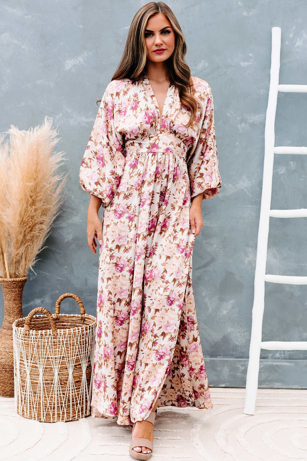 Deep V Neck Ruched High Waist Floral Boho Maxi Dress