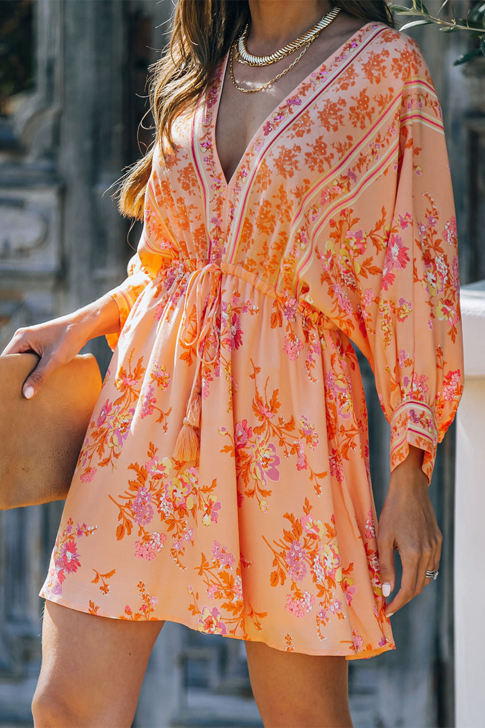 Floral Print Boho Drawstring Kimono Mini Dress