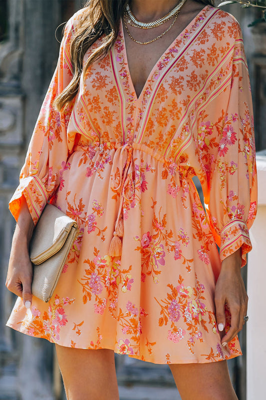 Floral Print Boho Drawstring Kimono Mini Dress