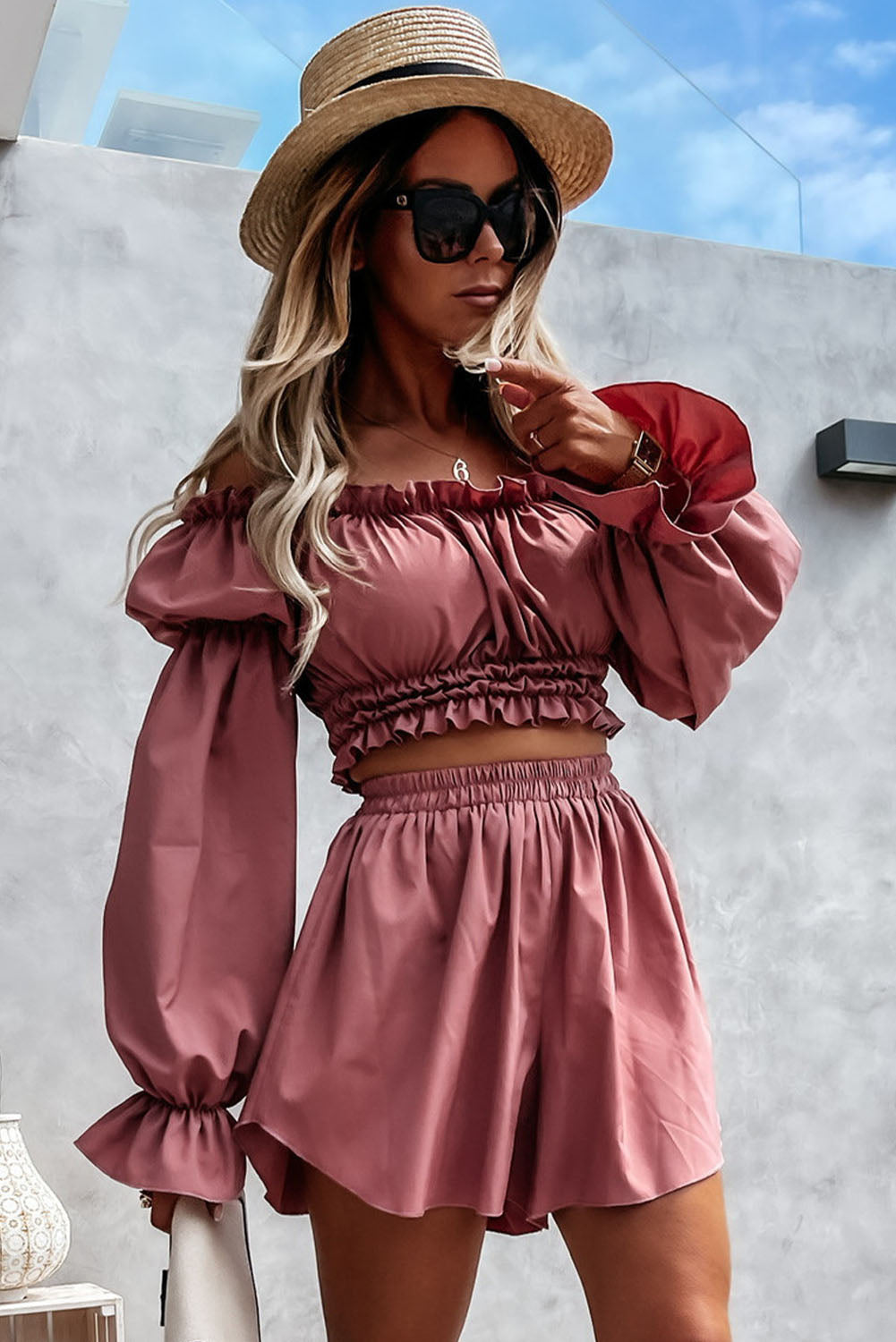 Casual Off The Shoulder Ruched Top and Short Set