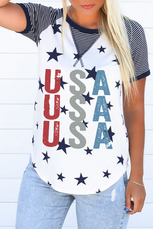 Casual Star Stripe Printed Color Block Round Neck Graphic Tee