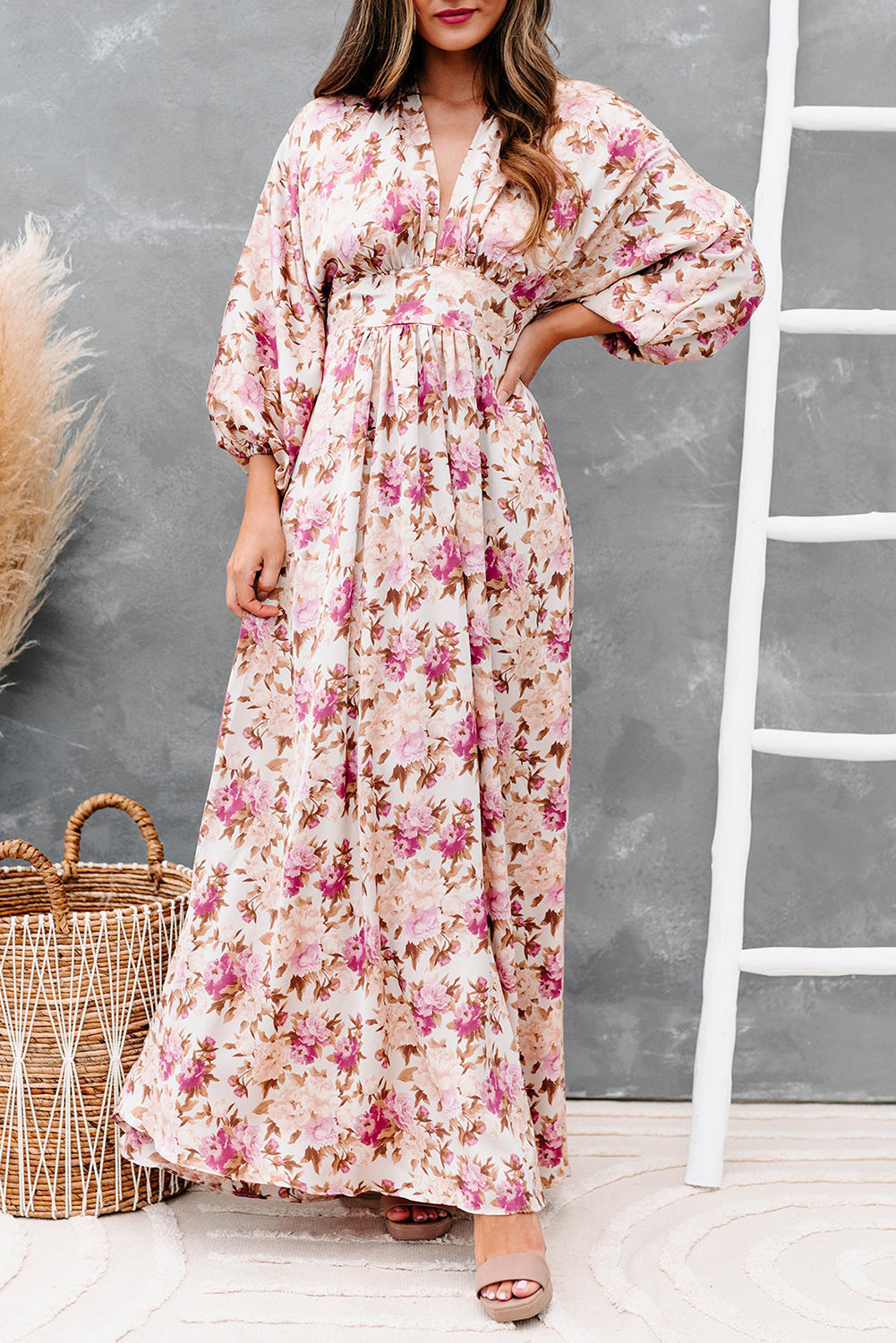 Deep V Neck Ruched High Waist Floral Boho Maxi Dress