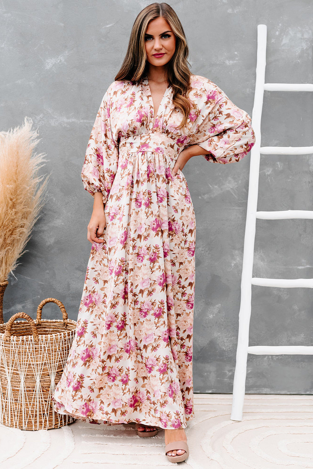 Deep V Neck Ruched High Waist Floral Boho Maxi Dress