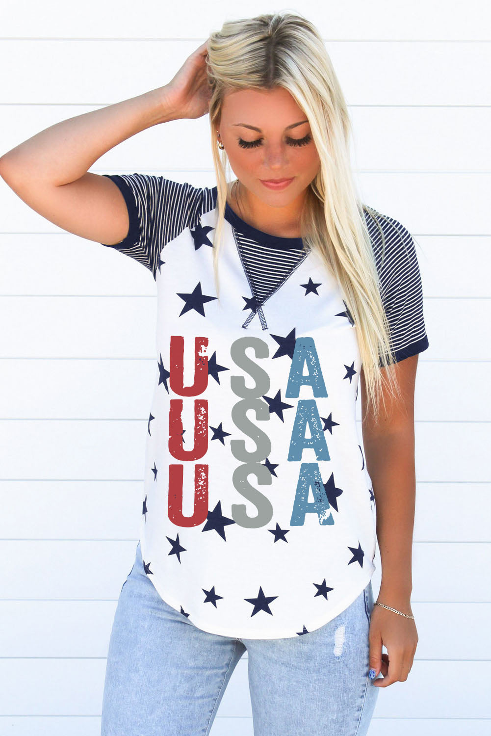 Casual Star Stripe Printed Color Block Round Neck Graphic Tee