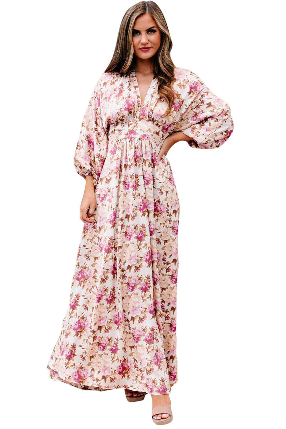 Deep V Neck Ruched High Waist Floral Boho Maxi Dress