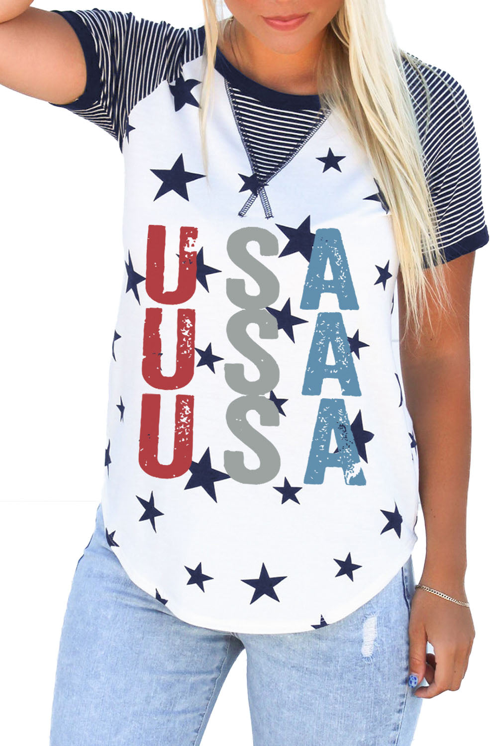 Casual Star Stripe Printed Color Block Round Neck Graphic Tee