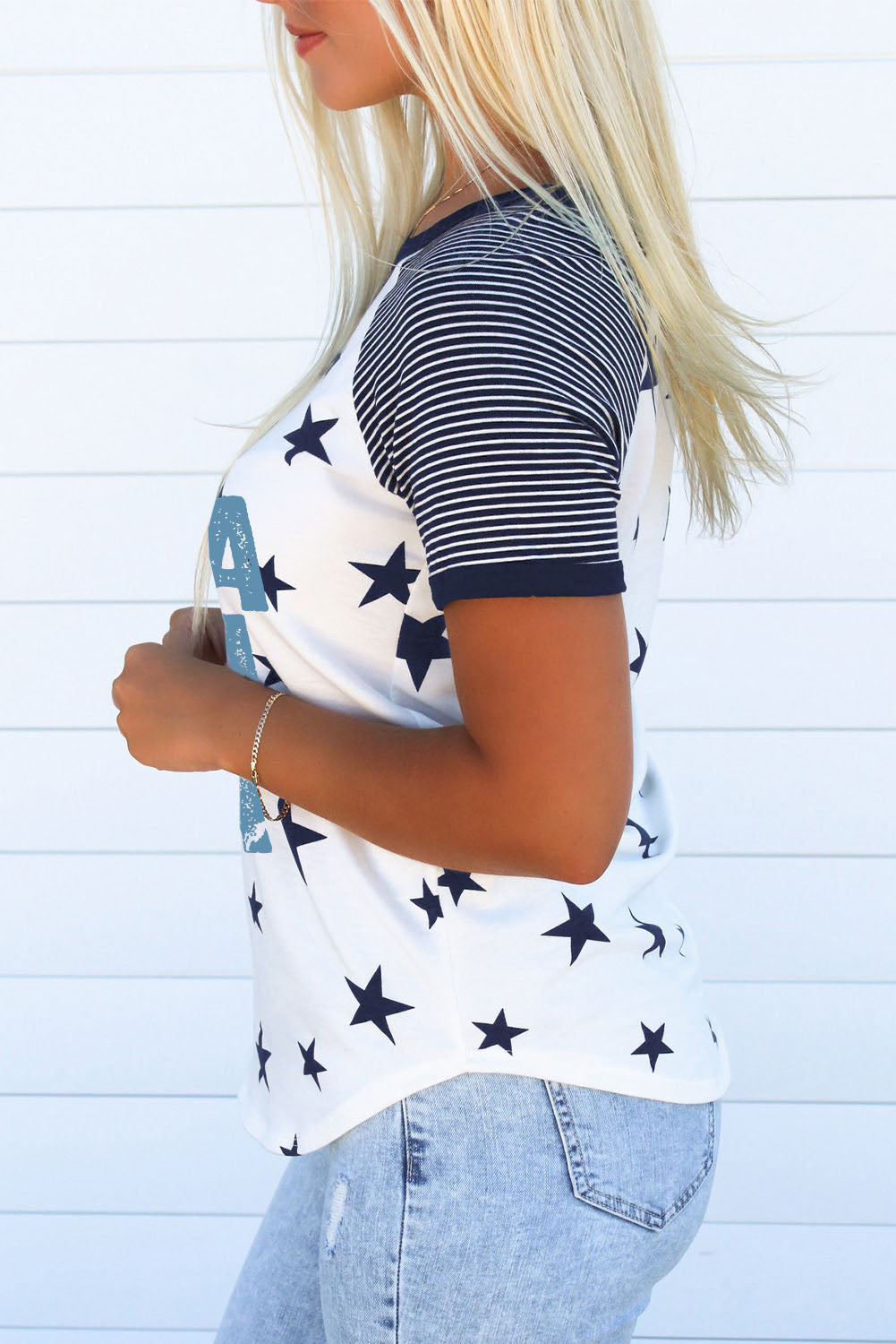 Casual Star Stripe Printed Color Block Round Neck Graphic Tee